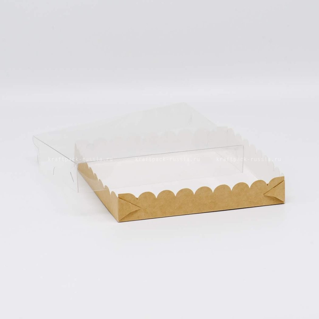 Коробка 18х18х3 см с прозрачной крышкой, двусторонняя белая/крафт (2)