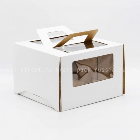  Коробка для торта из микрогофрокартона 28х28х20 см с ручками, 4 окна, белая (4) / под заказ