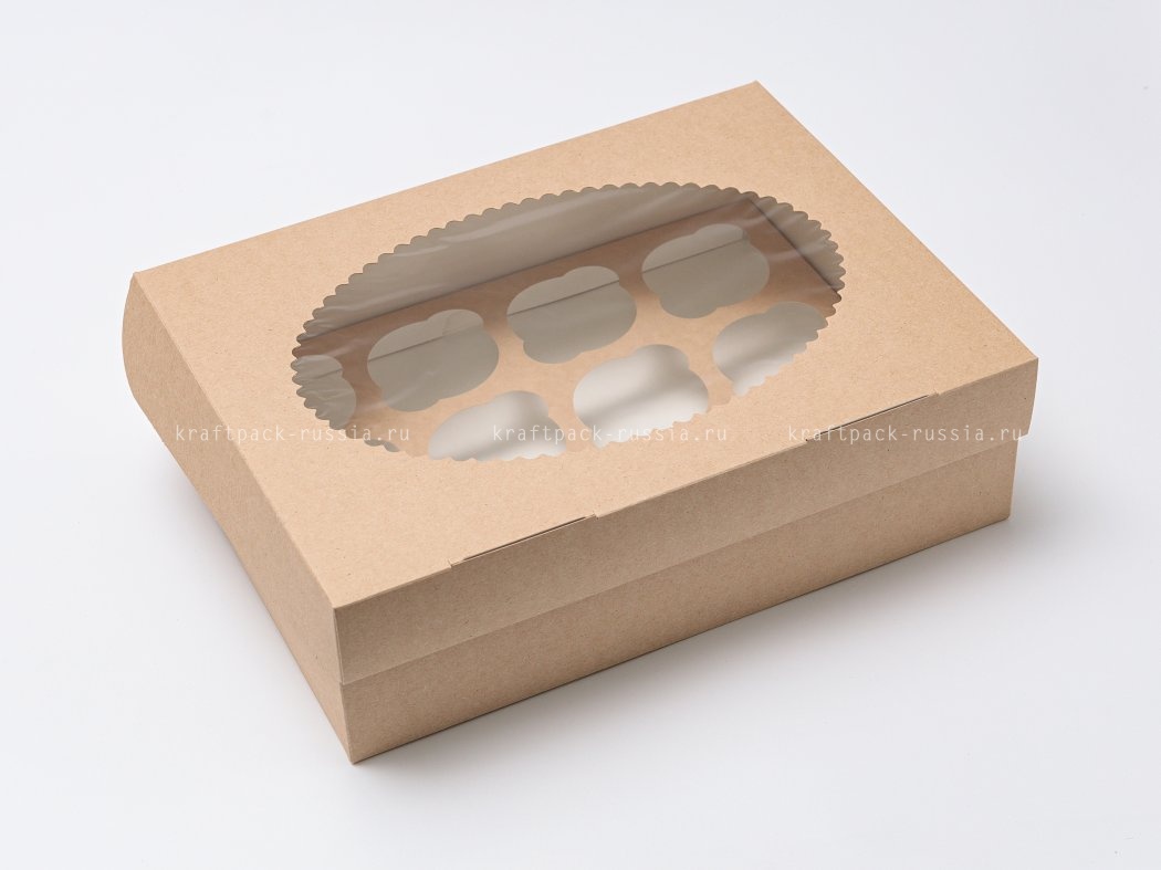 Коробка для 12 капкейков 33х25х10 см с окном, со вставкой, крафт - Muf 12 (3)