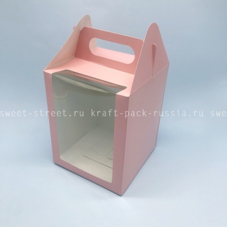 Коробка 16х16х20 см Домик, с большим окном, с ручками, розовый (2) 