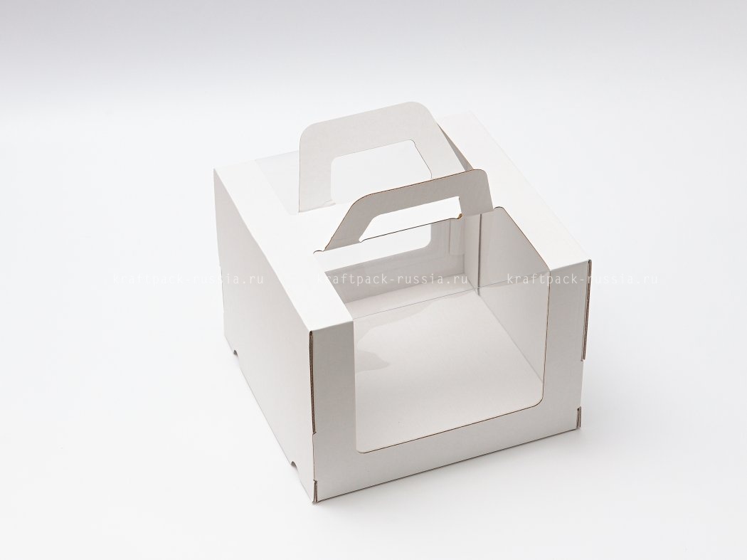 Коробка для торта из микрогофрокартона с круговым окном 26х26х20 см, с ручками белая (2)
