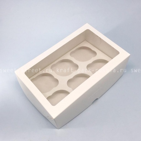 Коробка для 6 капкейков 17х25х10 см, со вставкой, с окном, белая - Pasticciere (2) /
