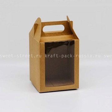 KRAFTPACK Коробка 16х16х20 см Домик, с большим окном, с ручками, крафт (2)
