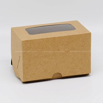 KRAFTPACK Коробка для 2 капкейков 16х10х10 см со вставкой, с окном, крафт (2) 