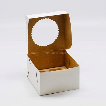 Коробка для 4 капкейков 16х16х10 см с окном, со вставкой, ДВУСТОРОННЯЯ белая/крафт - Muf 4 (3)