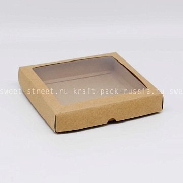 KRAFTPACK Крышка к коробке 16х16х3 см с двойным бортиком, с окном, крафт (Силаева 3) (2)