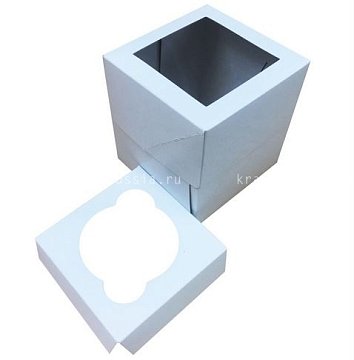  Коробка для 1 капкейка 10х10х11 см с окном, со вставкой, белая/