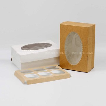 Коробка для 6 капкейков 17х25х10 см с окном, со вставкой, ДВУСТОРОННЯЯ белая/крафт - Muf 6 (3)