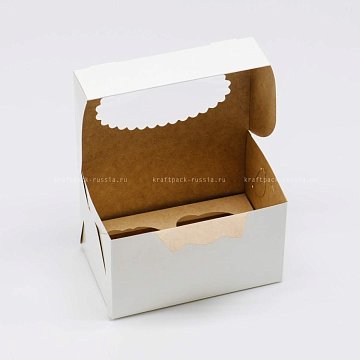 Коробка для 2 капкейков 16х10х10 см с окном, со вставкой, ДВУСТОРОННЯЯ белая/крафт - Muf 2 (3)