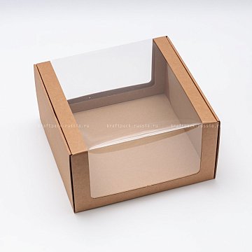 РАСПРОДАЖА Коробка для торта из микрогофрокартона 29х29х16 см с круговым окном, крафт (2)