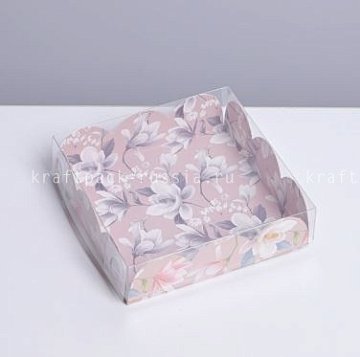 Коробка 10,5х10,5х3 см, с прозрачной крышкой, Цветы