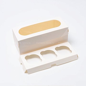 РАСПРОДАЖА Коробка для 3 капкейков 25х10х10 см с окном, со вставкой, белая - Muf 3 PRO l WW (3)